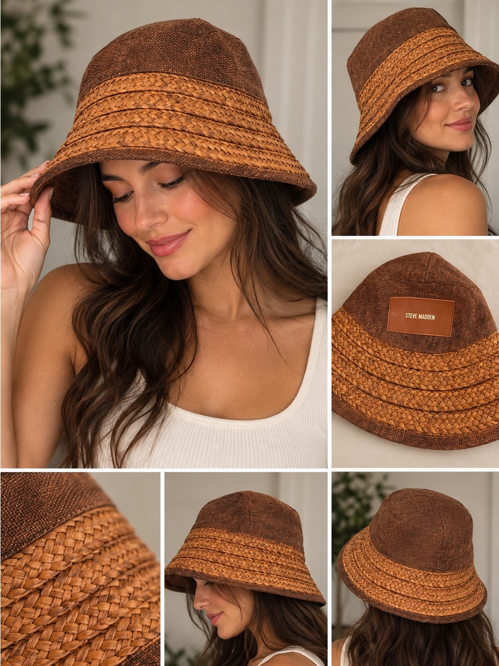 Steve Madden Brown Braided Straw Accent Bucket Hat